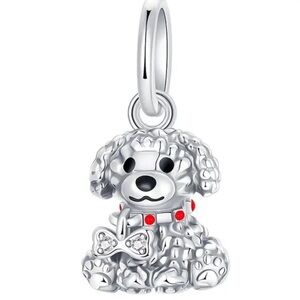 S925 Sterling Sparkly Silver Dog Charm/Pendant with Red Accents - NWT